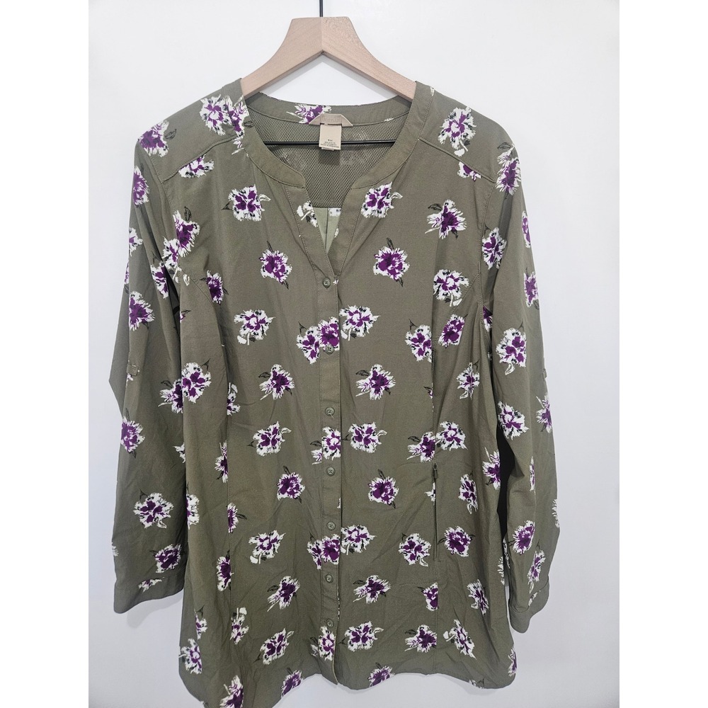 Duluth Trading Co Women 1X Olive Green Purple Floral Button Up‎ Tunic Shirt Vent
